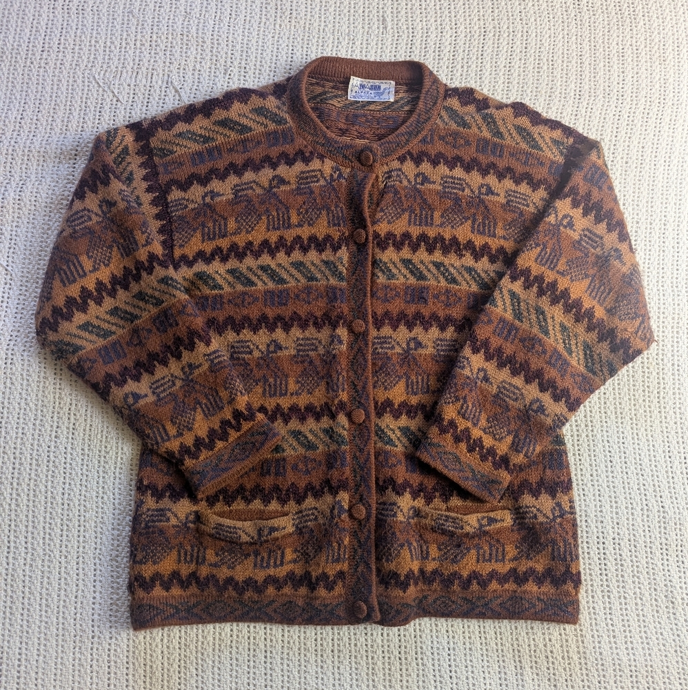 LP SUR 100% Alpaca Peru Geometric Art-to-Wear Cardigan Sweater Medium Button Up